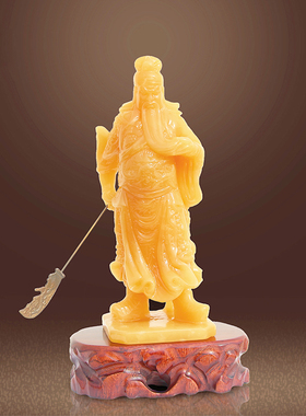 天然米黄玉武财神关公风水摆件店铺镇宅黄玉关羽摆设开业礼品