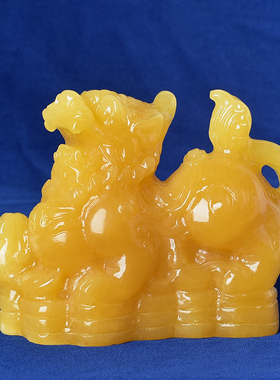 天然黄玉貔貅玉石摆件一对