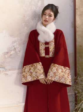 明制原创改良春秋季汉服女装中国风红色印花马面裙新中式毛呢外套