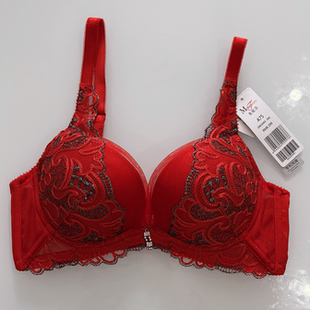 曼妮芬20840302女士红色内衣薄棉杯精美刺绣性感蕾丝调整文胸 75A