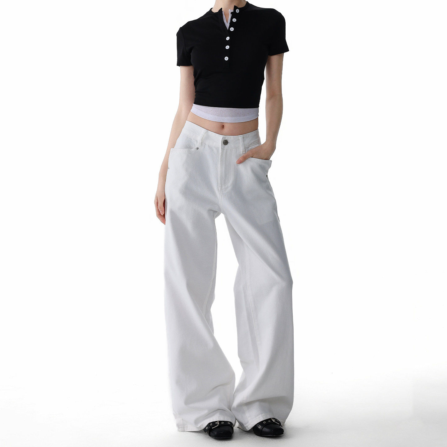 美式白色阔腿牛仔裤女2026春季新款低腰翻折口袋设计宽松直筒裤子