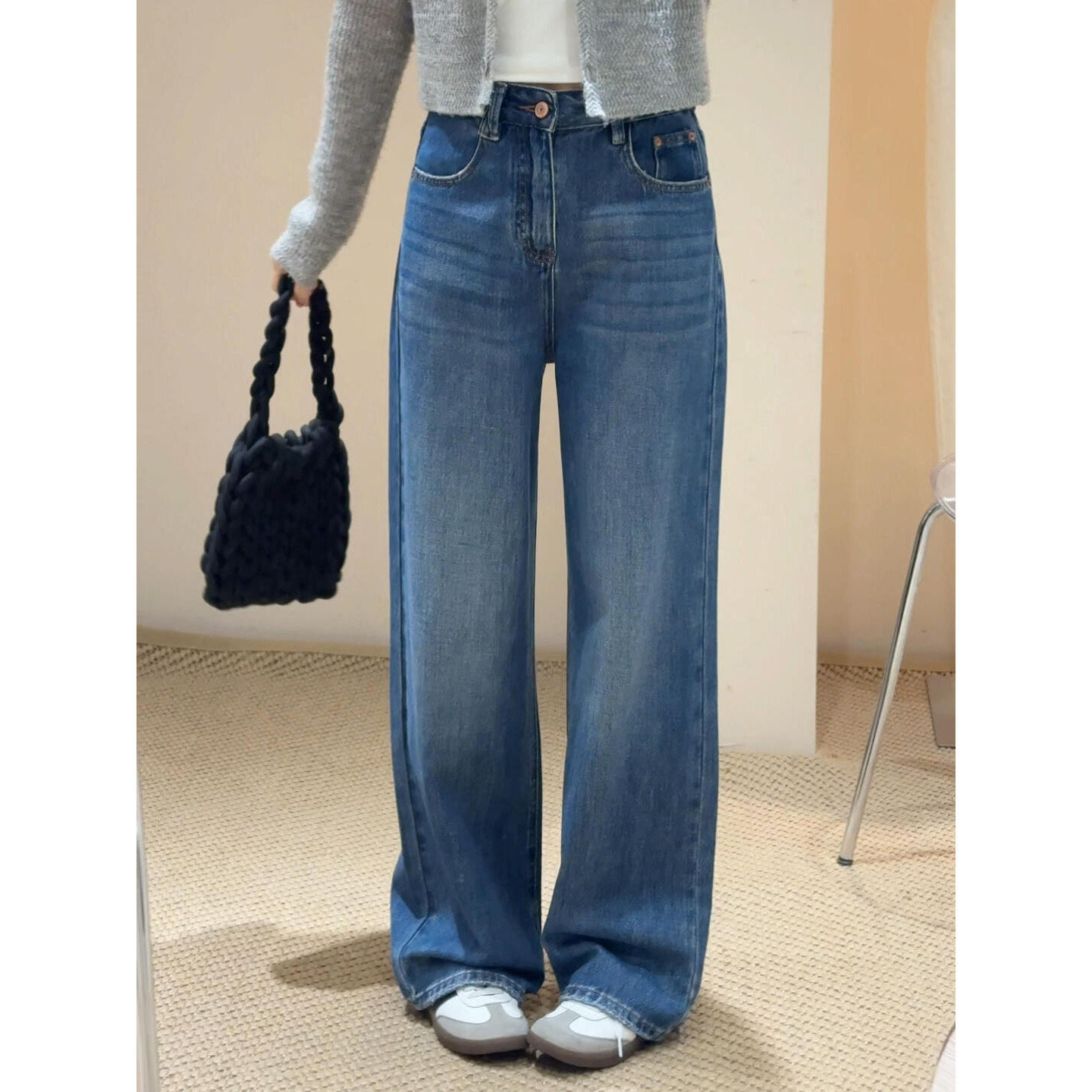 蓝色高腰直筒牛仔裤女2026新款春季大码胖mm显瘦宽松窄版阔腿裤