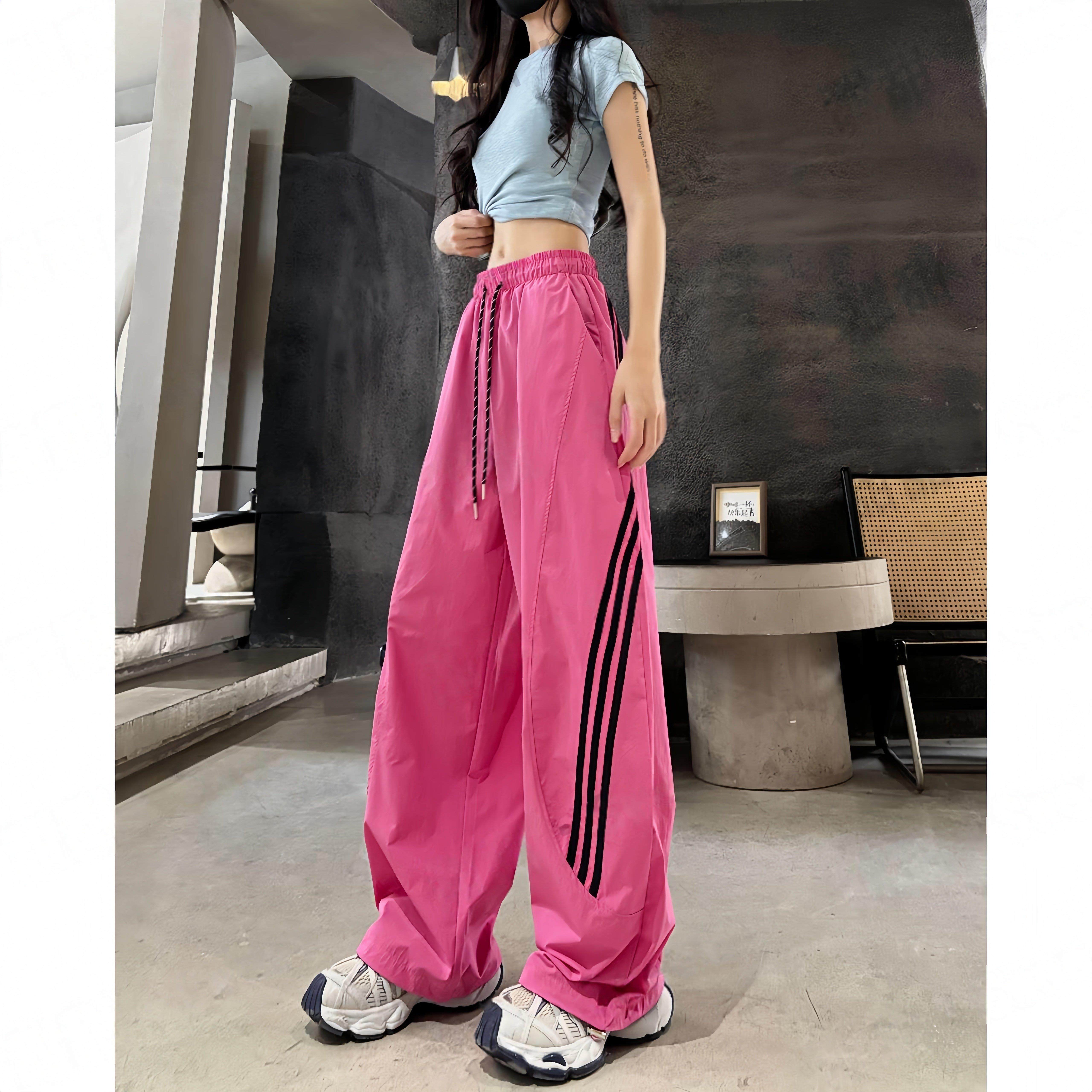 多巴胺速干阔腿裤女2026夏季新款宽松直筒休闲条纹弯刀工装运动裤