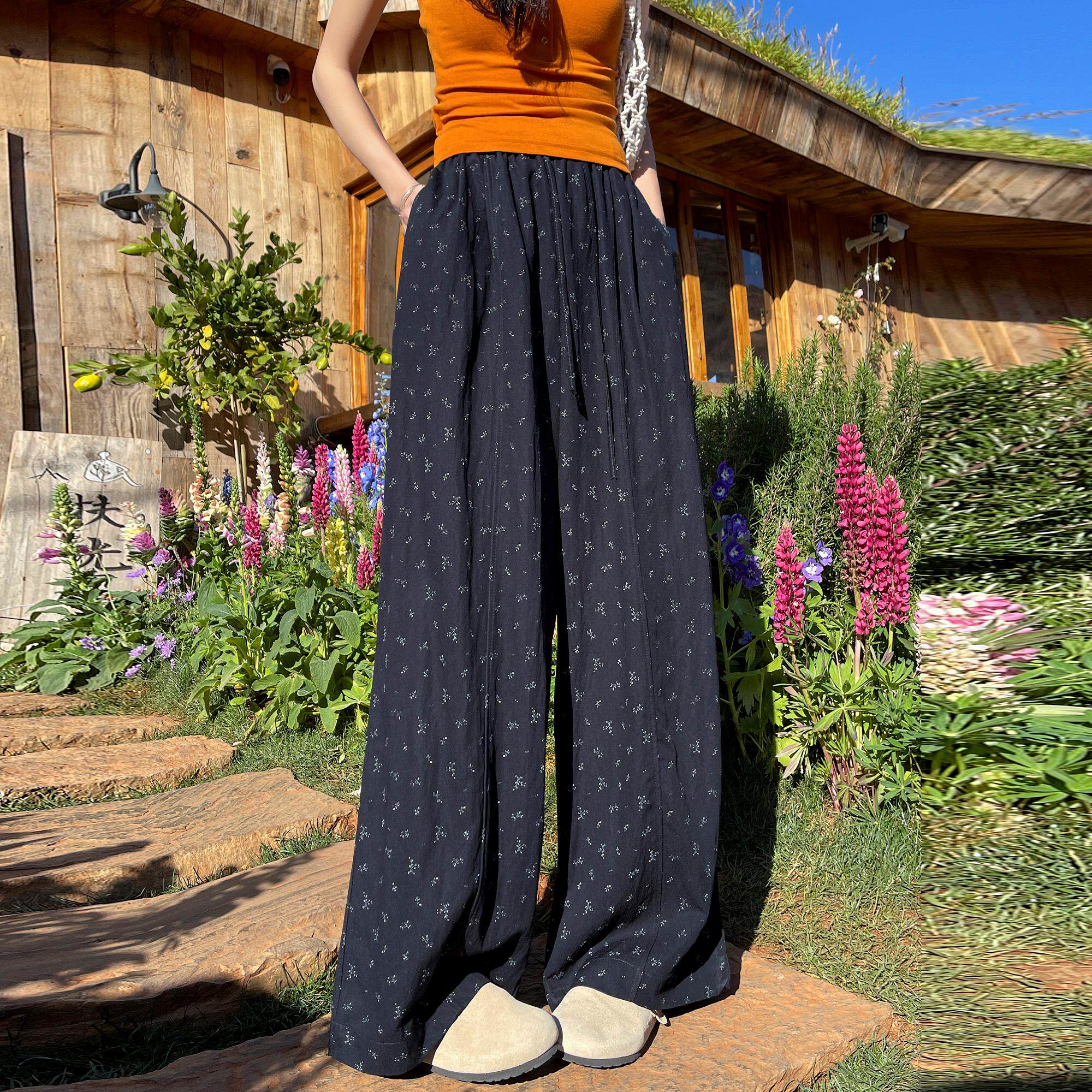 复古碎花冰丝阔腿裤女夏季薄款慵懒风休闲裤子宽松垂感拖地山本裤