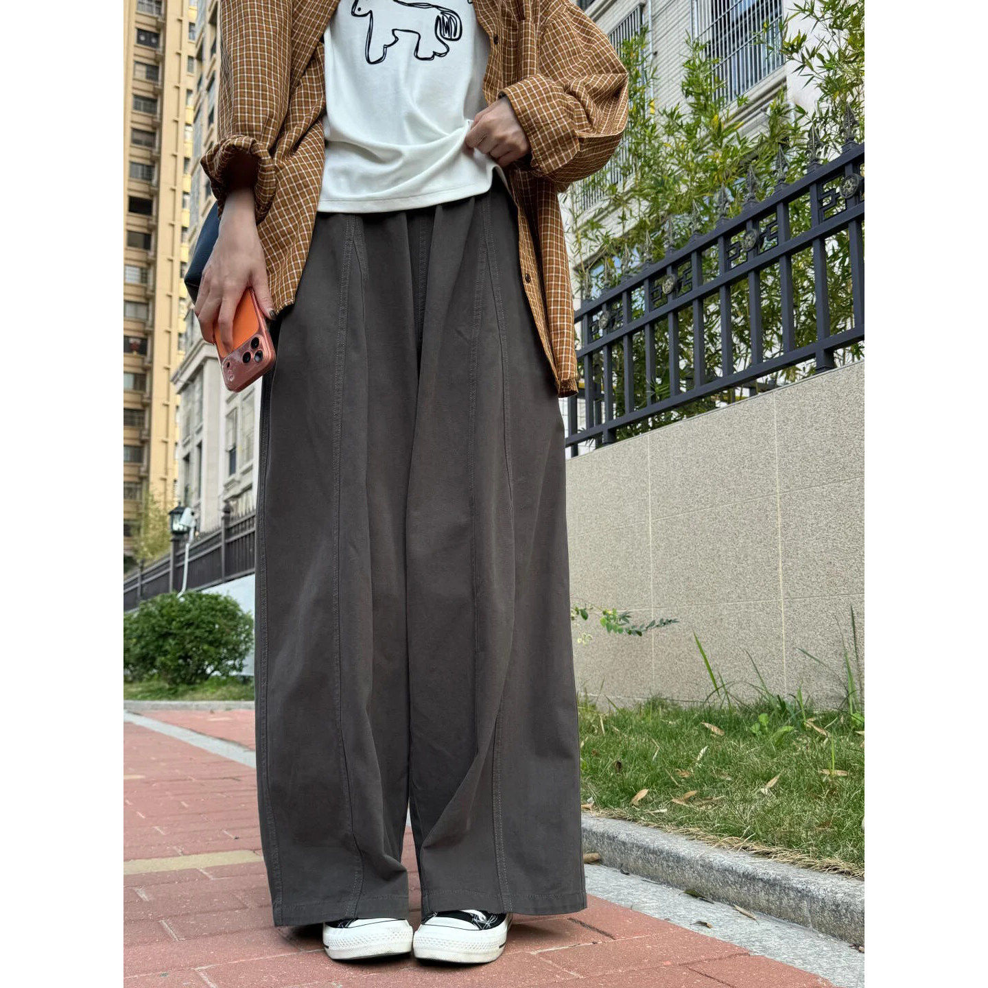 日系舒适松弛感裤子梨型身材阔腿休闲裤女款小个子胖mm显瘦弯刀裤