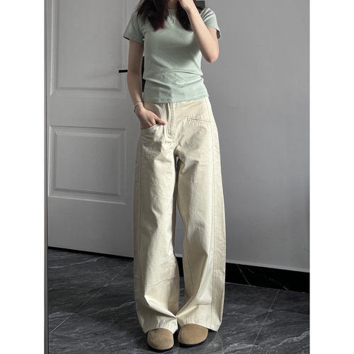 高个子加长米色阔腿裤女