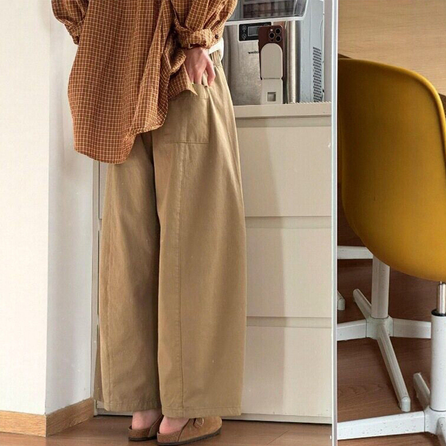 卡其色九分阔腿裤韩系chic感女款休闲裤大码胖mm巨好看百搭的裤子