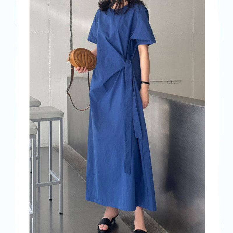 纯棉洋装短袖圆领bf风休闲学生宽松大尺码显瘦长版系带百搭长裙女
