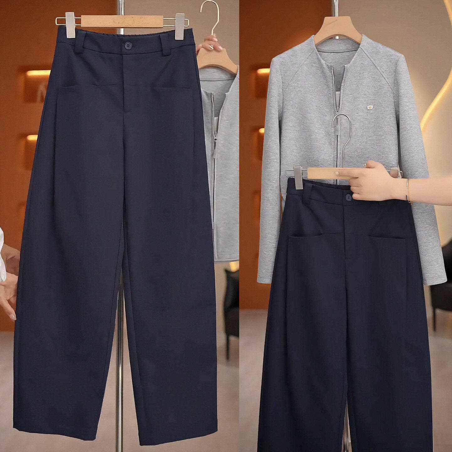 窄版藏青色直筒弯刀裤女2026春秋季新款大码梨型身材休闲西装裤子