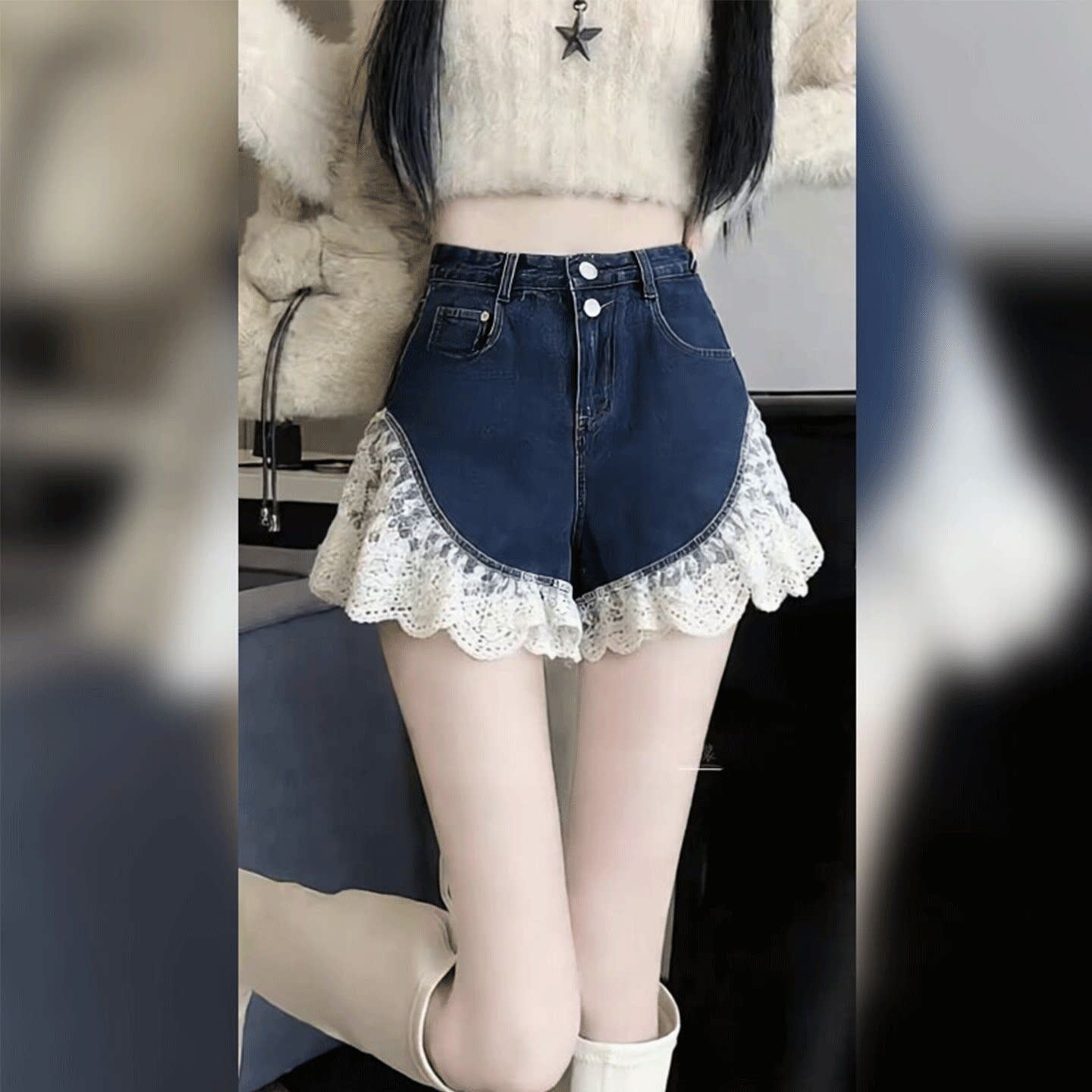蕾丝拼接牛仔短裤女小个子2026夏季新款韩系宽松阔腿裤巨好看裤子