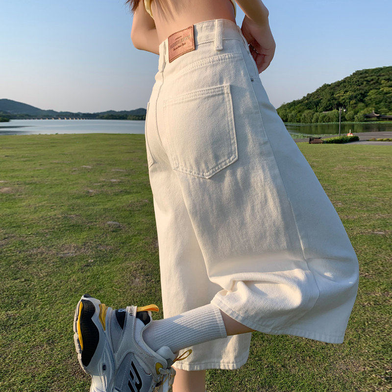 夏季薄款阔腿七分牛仔裤女梨形身材中长短裤小个子半裤白色裤子