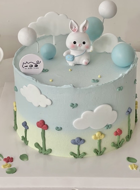 简约清新蓝色云朵花花小兔子宝宝周岁生日蛋糕装饰摆件气球插件