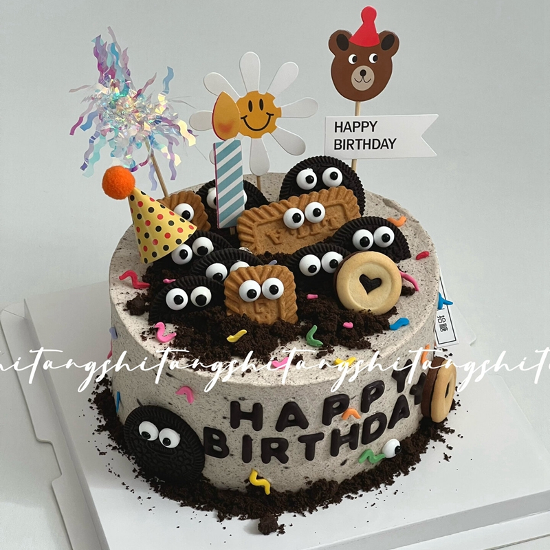 搞怪眼睛糖煤球熊头HB生日蛋糕装饰插件复古风小可爱造型饼干插牌