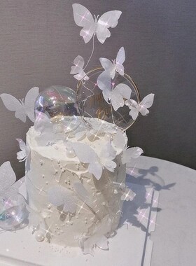 白色蝴蝶蛋糕装饰摆件插件幻彩球女神羽毛仙女铁热卖生日快乐插牌