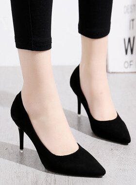 女士高跟鞋中跟黑色职业工作鞋细跟性感绒面3-5-7-10cm学生礼仪鞋