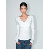 NEVA T恤 荡领褶皱针织上衣女设计感收腰显瘦长袖 可拆卸链条