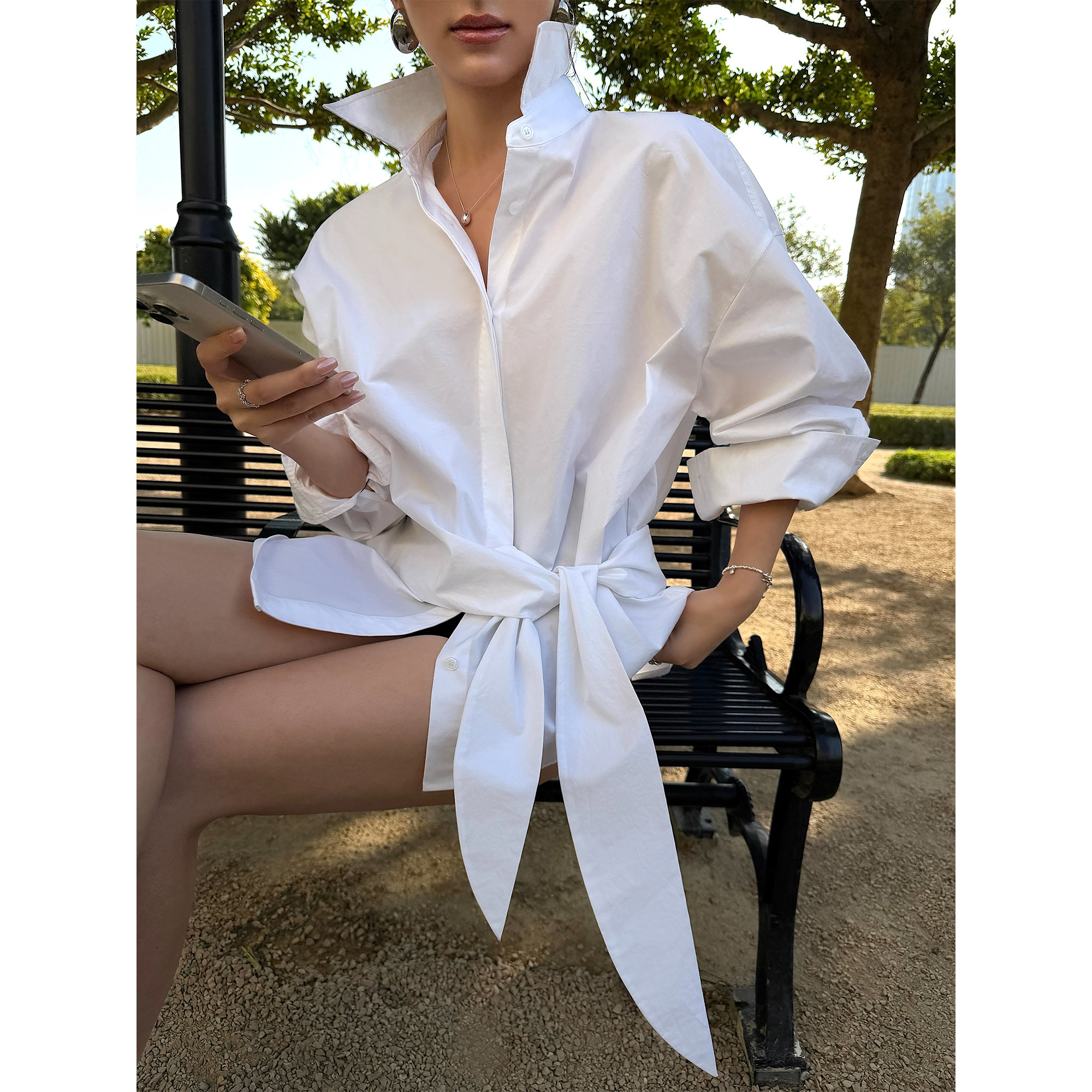 NEVA HU 别出心裁 经典翻领长袖衬衫女设计感系带围裹收腰衬衣