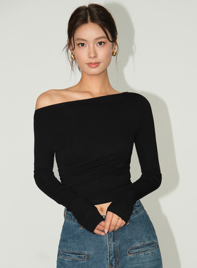 NEVA HU黑色斜肩长袖打底衫T恤女秋季设计感修身气质短款针织上衣