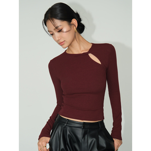 NEVA HU镂空设计感修身打底衫女春秋针织衫气质修身长袖t恤上衣