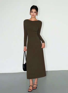 NEVA HU 黑色长袖修身连衣裙女法式高级感一字肩气质收腰打底长裙