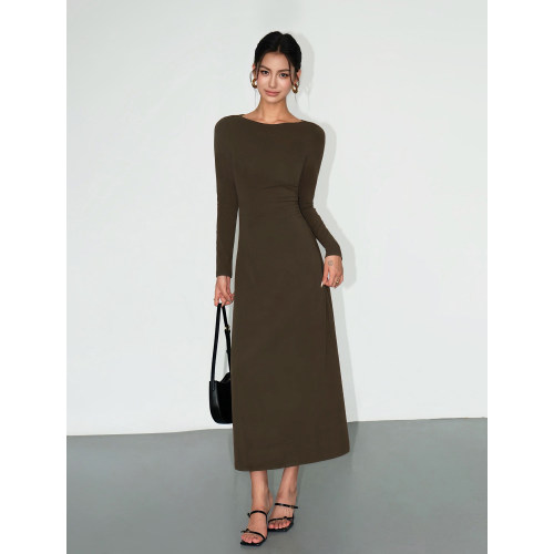 法式一字肩长袖打底连衣裙长裙