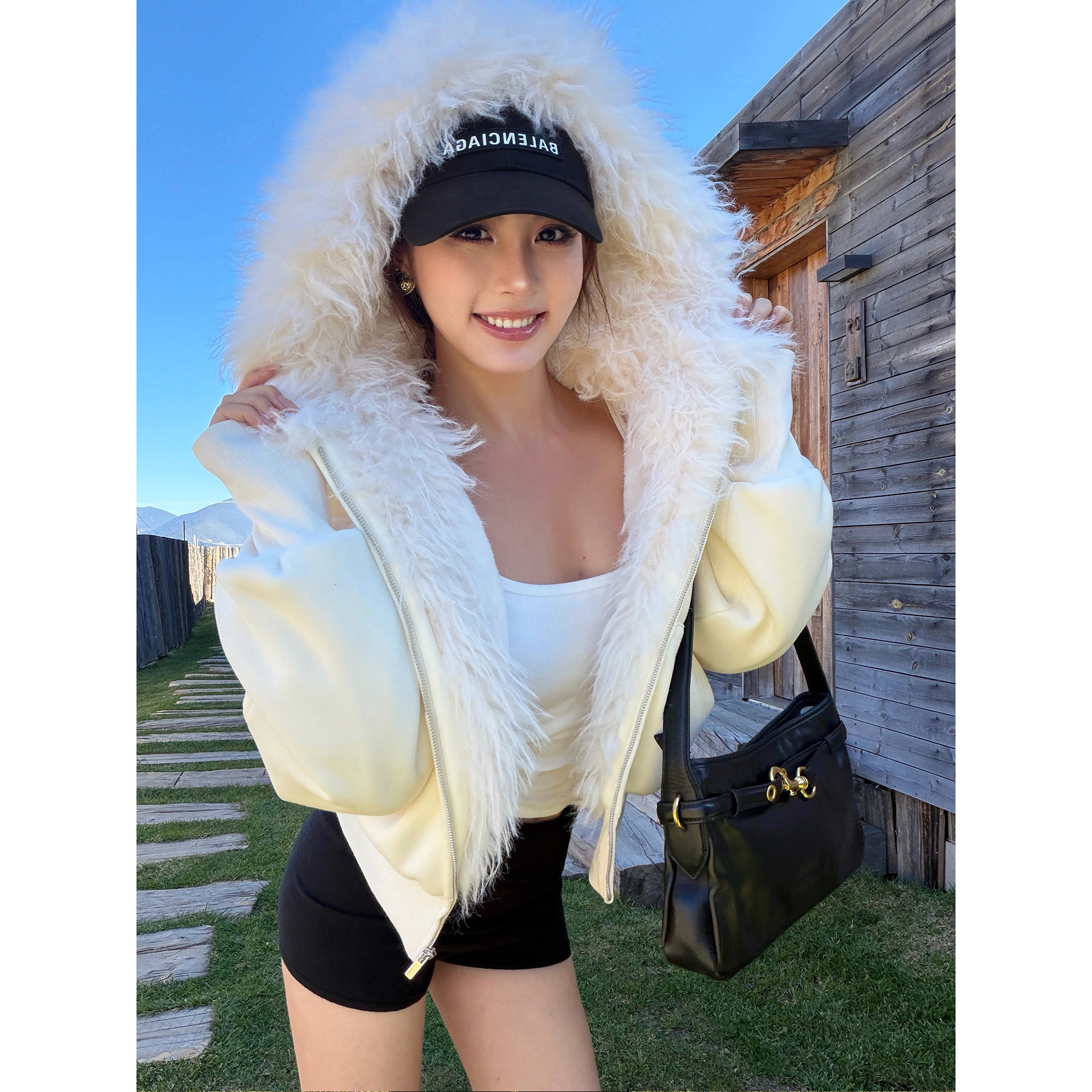 NEVA HU 冬日暖梦 加绒连帽毛毛卫衣女加厚休闲宽松短款毛领外套