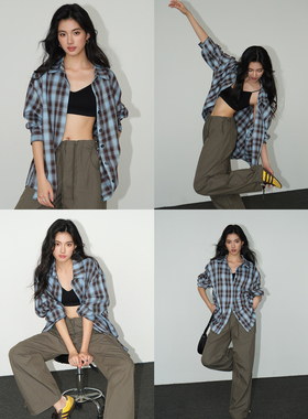NEVA HU【现货7折】复古长袖格子衬衫外套女秋韩版bf衬衣外搭上衣