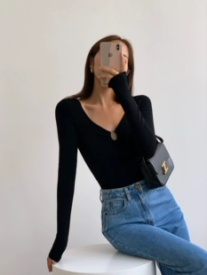 打底衫 HU白色长袖 修身 女2023春季 NEVA 新款 T恤小心机设计感上衣