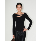 NEVA 针织打底上衣 T恤女设计感修身 HU甜欲因子 一字领镂空长袖