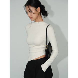 NEVA HU 黑夜贝斯特 半高领长袖打底衫女不规则收腰内搭t恤上衣