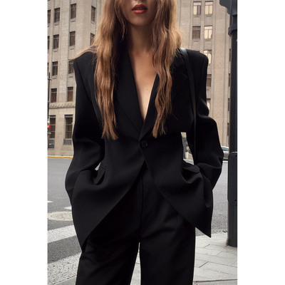 NEVA HU黑色高级感西装外套女气质收腰设计感小众西服长袖上衣