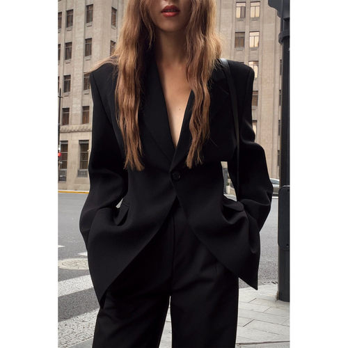 NEVA HU黑色高级感西装外套女气质收腰设计感小众西服长袖上衣