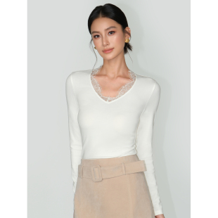 针织长袖 素纱织梦 女修身 T恤气质上衣 蕾丝拼接V领打底衫 NEVA