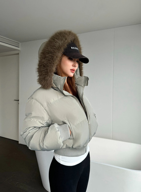 NEVA HU 挪威冬日 90白鸭绒连帽羽绒服女可拆大毛领短款收腰外套