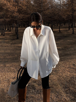 NEVA HU白色长袖衬衫女设计感2024新款韩版复古港味休闲百搭上衣