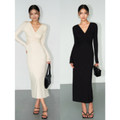 黑色法式 V领长袖 NEVA 连衣裙女设计感小众修身 气质包臀长裙