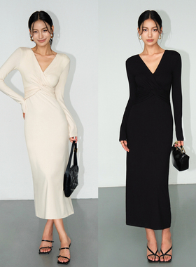 NEVA HU黑色法式V领连衣裙女设计感小众2025秋季修身气质包臀长裙