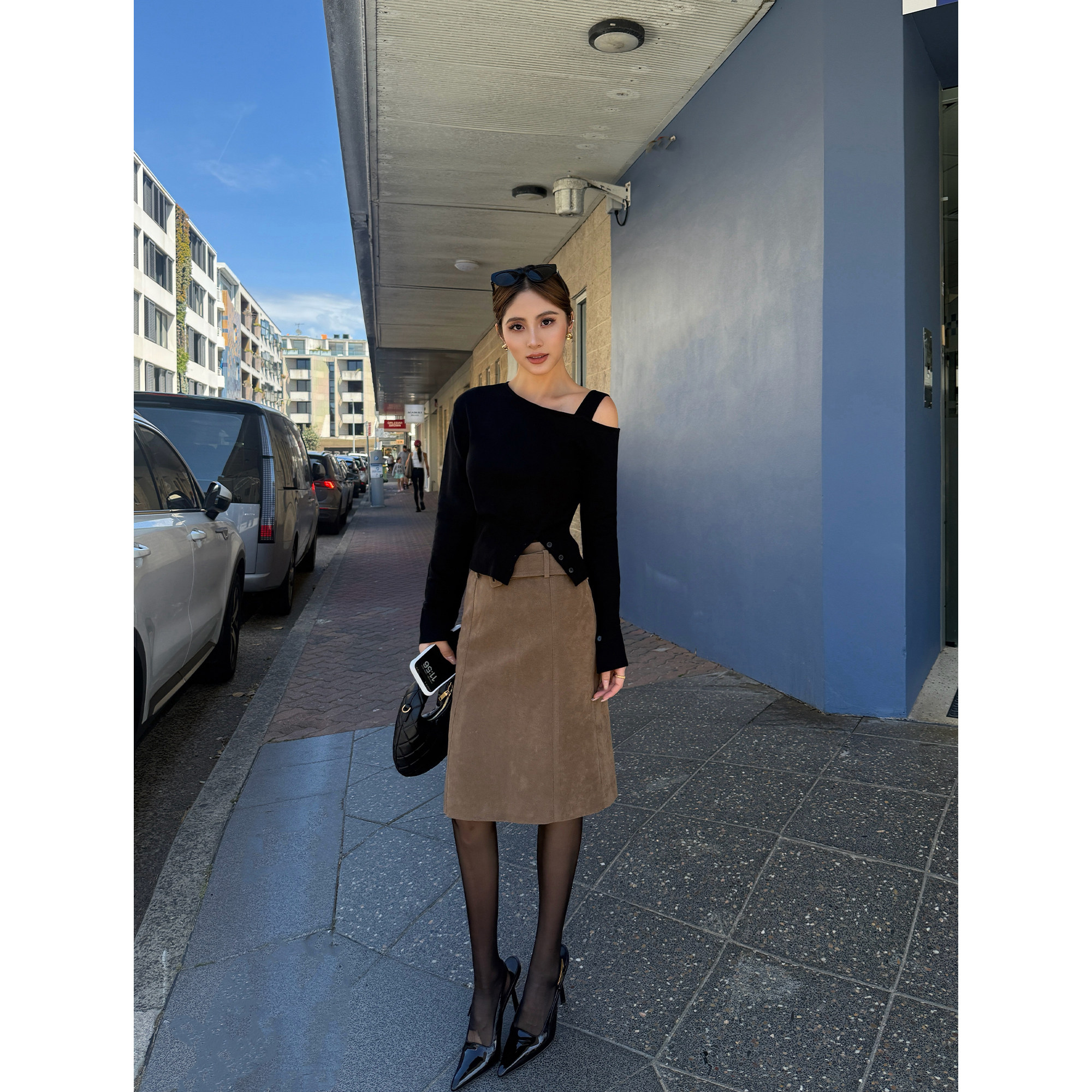 NEVA HU 摩登时代  复古咖色麂皮半身裙女可拆腰带气质直筒中裙,女装/女士精品,半身裙,淘宝优惠券,粉丝福利购,淘宝优惠卷