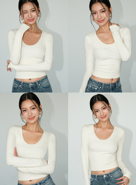 NEVA H黑色U领修身针织打底衫长袖T恤女秋季显瘦百搭短款内搭上衣