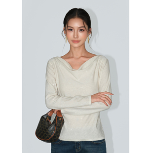 NEVA HU【现货6.5折】细闪亮片荡领长袖针织衫女气质露锁骨上衣