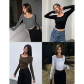 修身 现货7折 长袖 NEVA 女秋季 短款 针织打底衫 内搭方领上衣