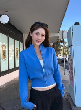 NEVA HU 经典衣橱 简约立领拉链针织开衫女收腰短款休闲毛衣外套