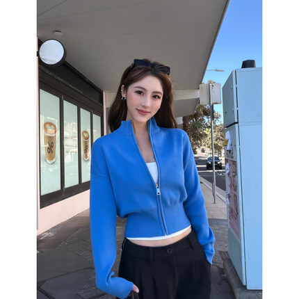 NEVA HU 经典衣橱 简约立领拉链针织开衫女收腰短款休闲毛衣外套