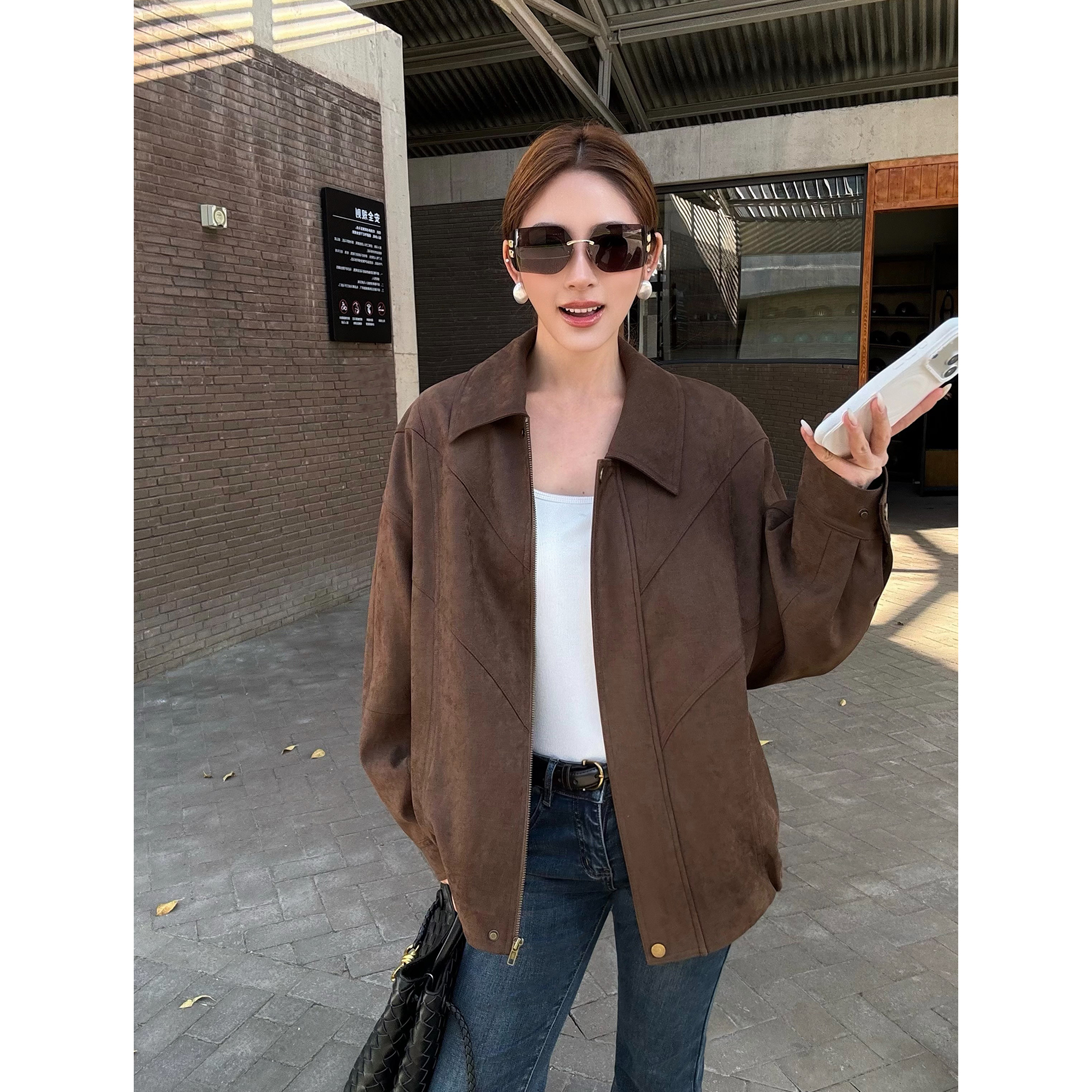 NEVA HU 小众玩家 复古麂皮绒翻领外套女高级感皮衣廓形宽松夹克