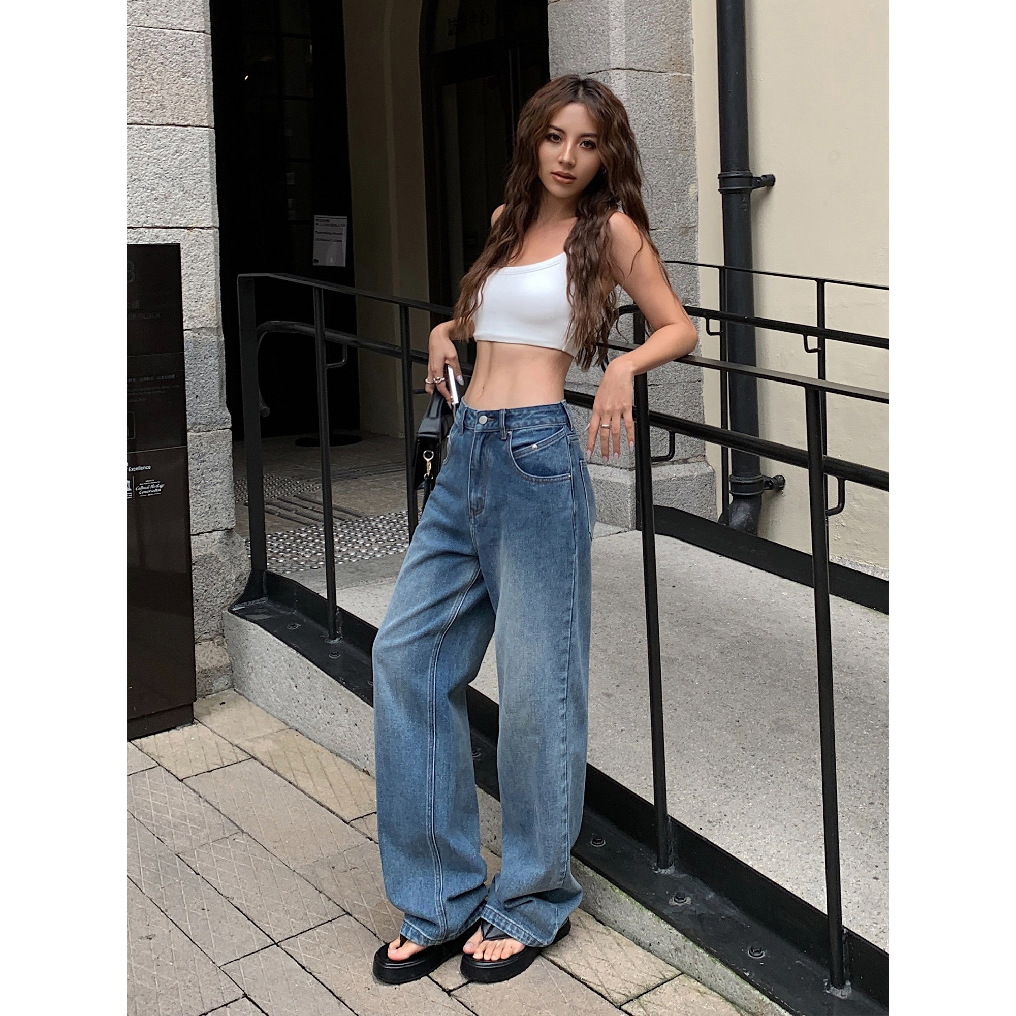 NEVA HU 蓝色宽松阔腿牛仔裤女秋季新款高腰显瘦百搭休闲拖地长裤