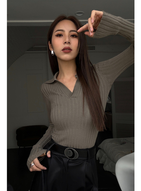 NEVA HU黑色v领长袖polo针织衫女2025新款韩版修身显瘦内搭打底衫