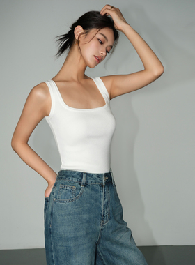 NEVA HU 黑色方领针织吊带背心女夏2025新款外穿修身显瘦内搭上衣