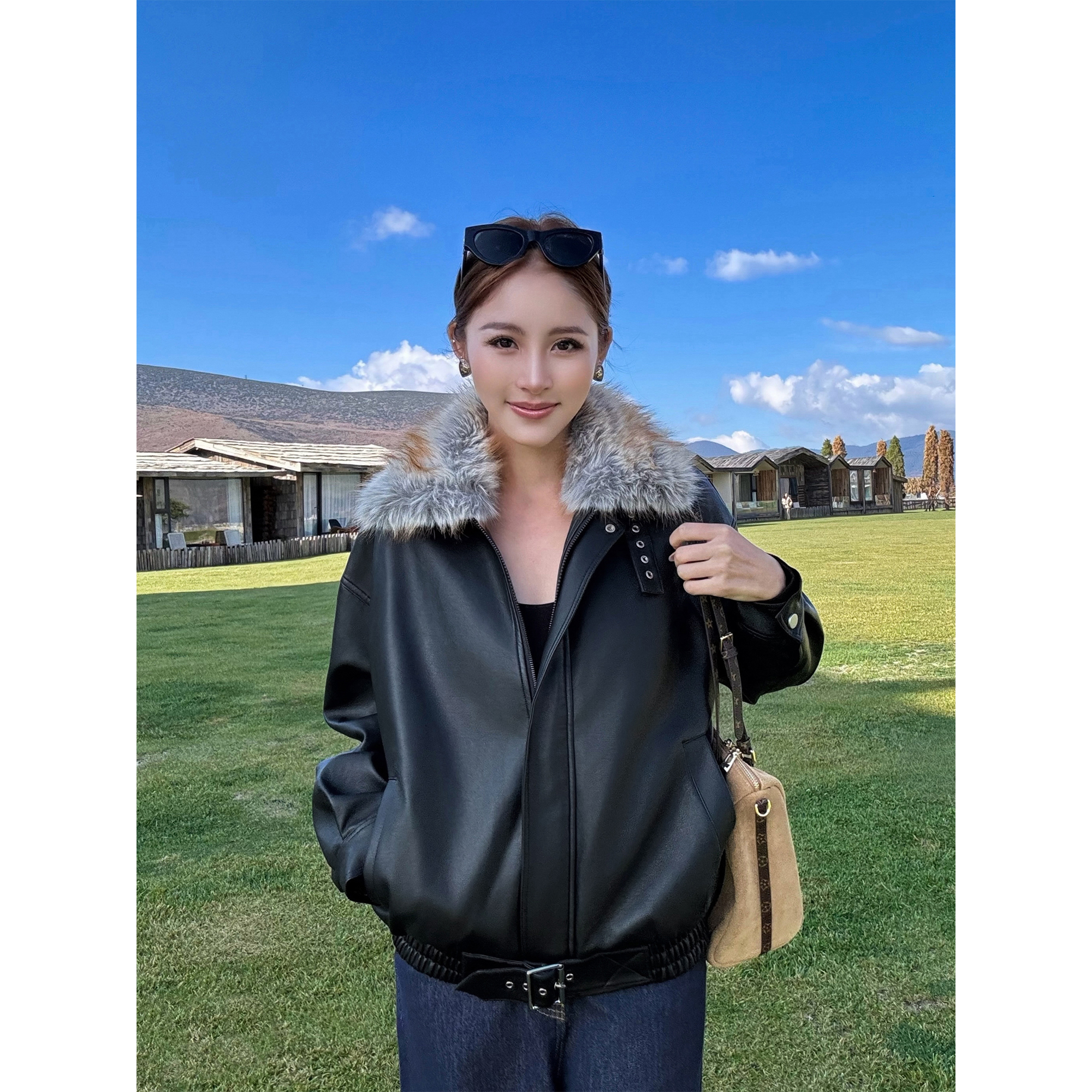 NEVA HU 城市游牧 可拆卸毛领pu皮衣外套女高级感夹棉机车风夹克