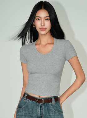 NEVA HU灰色正肩短袖T恤女2025夏季新款韩版纯色修身短款上衣