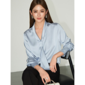 优雅缎面飘带翻领衬衣女高级气质垂感宽松衬衫 鎏光春日 NEVA